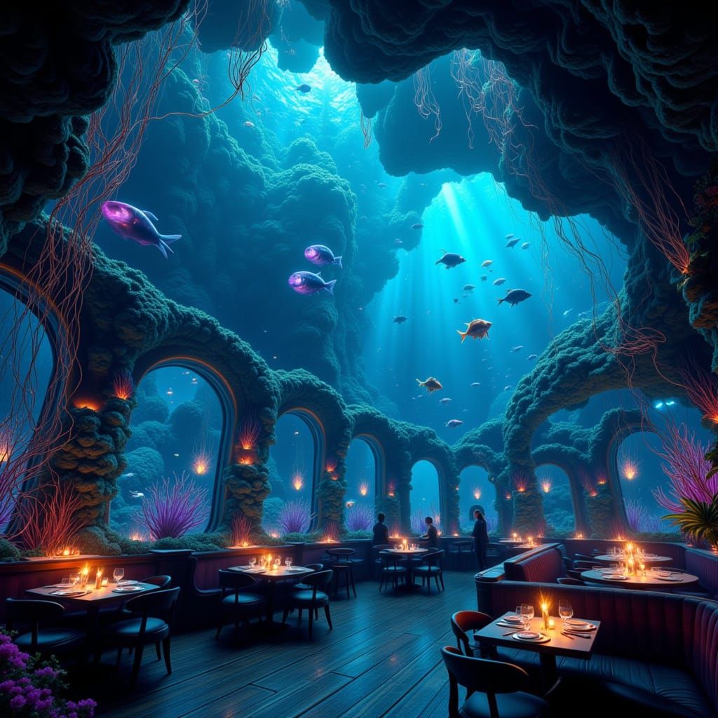 Underwater Night Cafe Illuminated by Bioluminescence