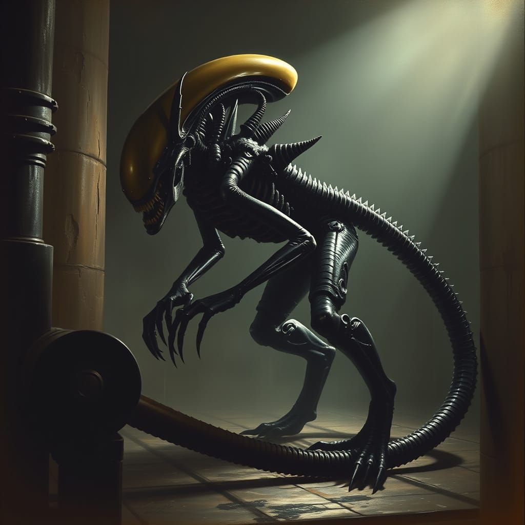 Biomechanical Horror in a Dystopian Industrial Lair