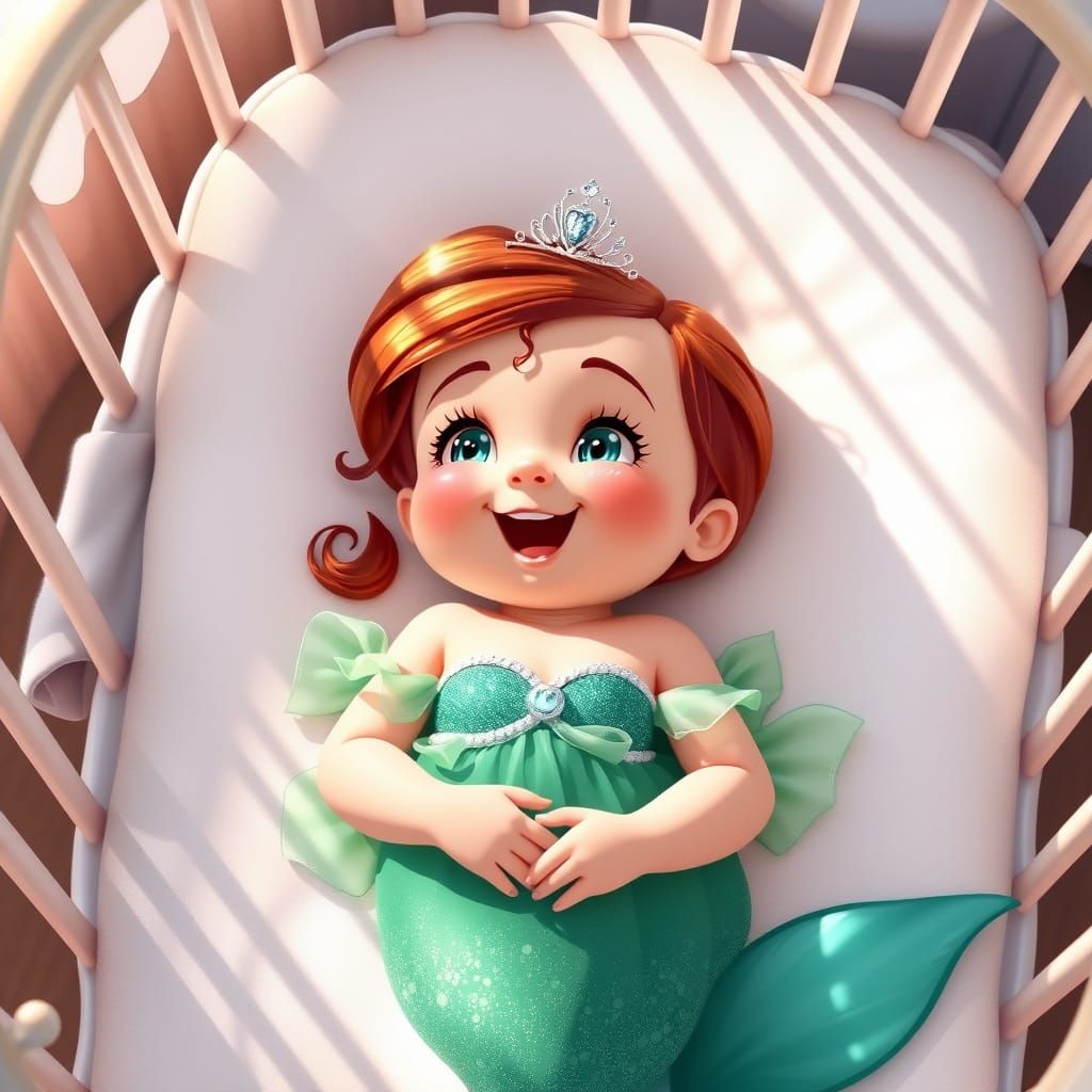 Baby Princess Ariel Giggling in Crib: Digital Art