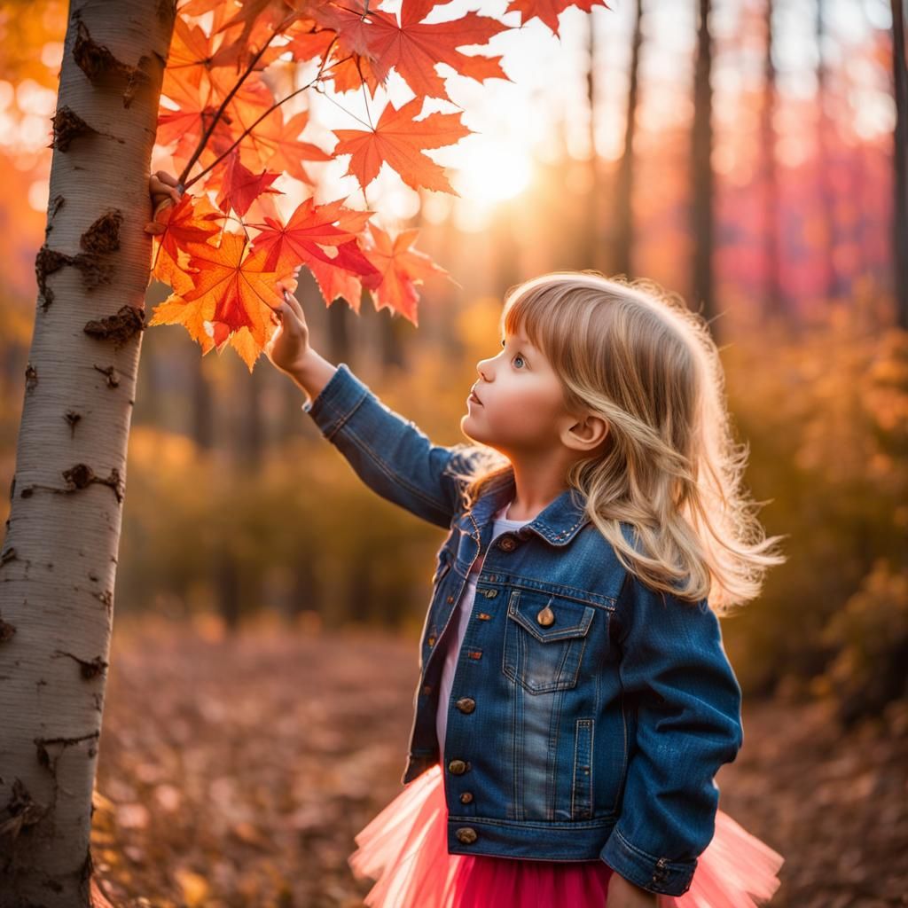 Young Girl Admires Maple Leaves in Forest at Sunset