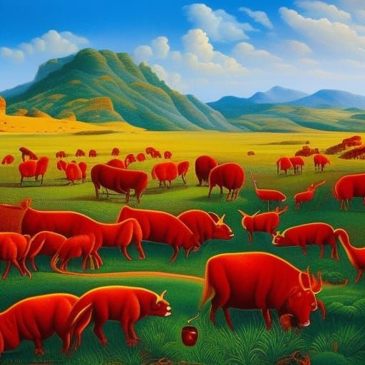 Surreal Red Devon Cattle Amidst Vibrant Colors and Melting F...