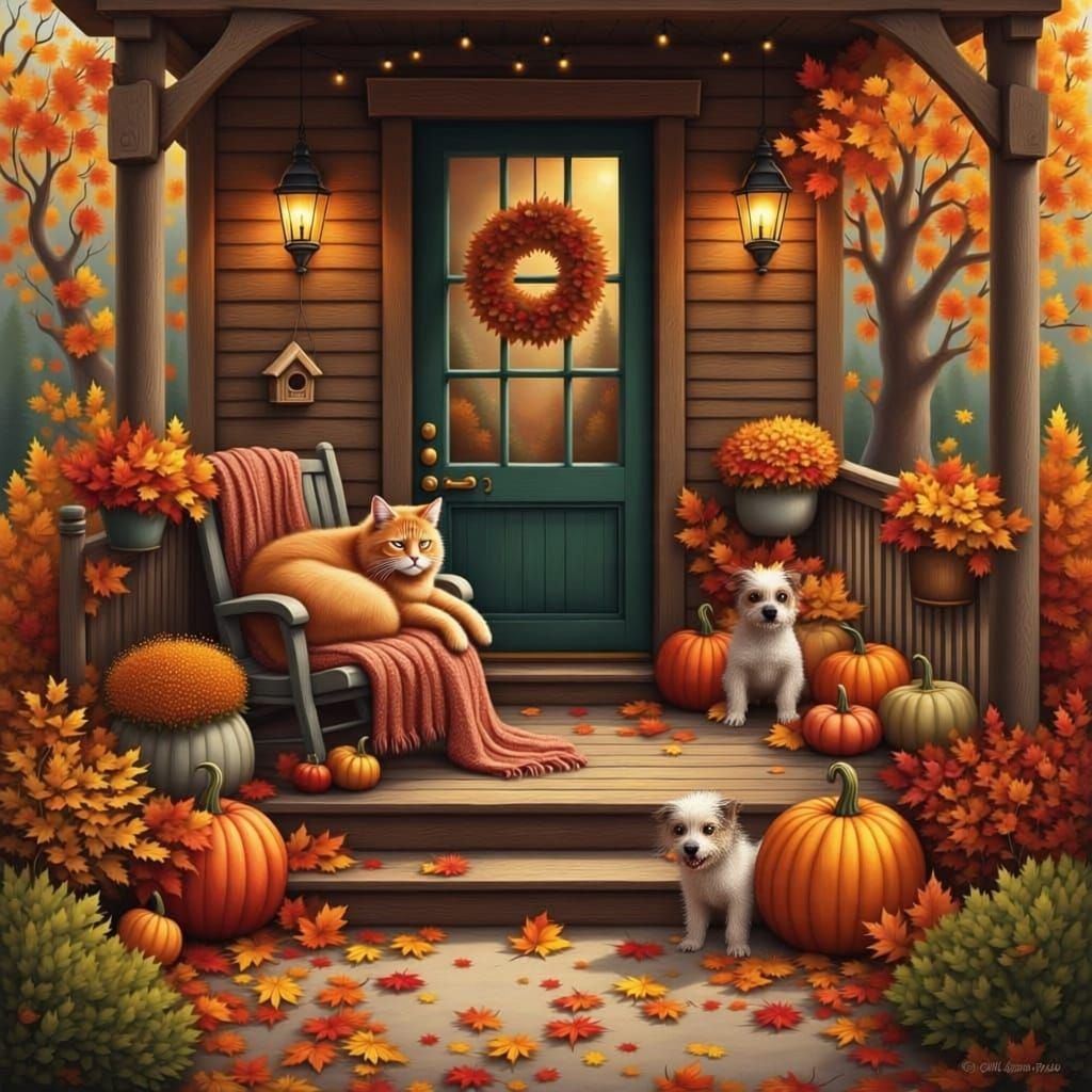 Whimsical Autumn Cottage Porch with Cats and Dog