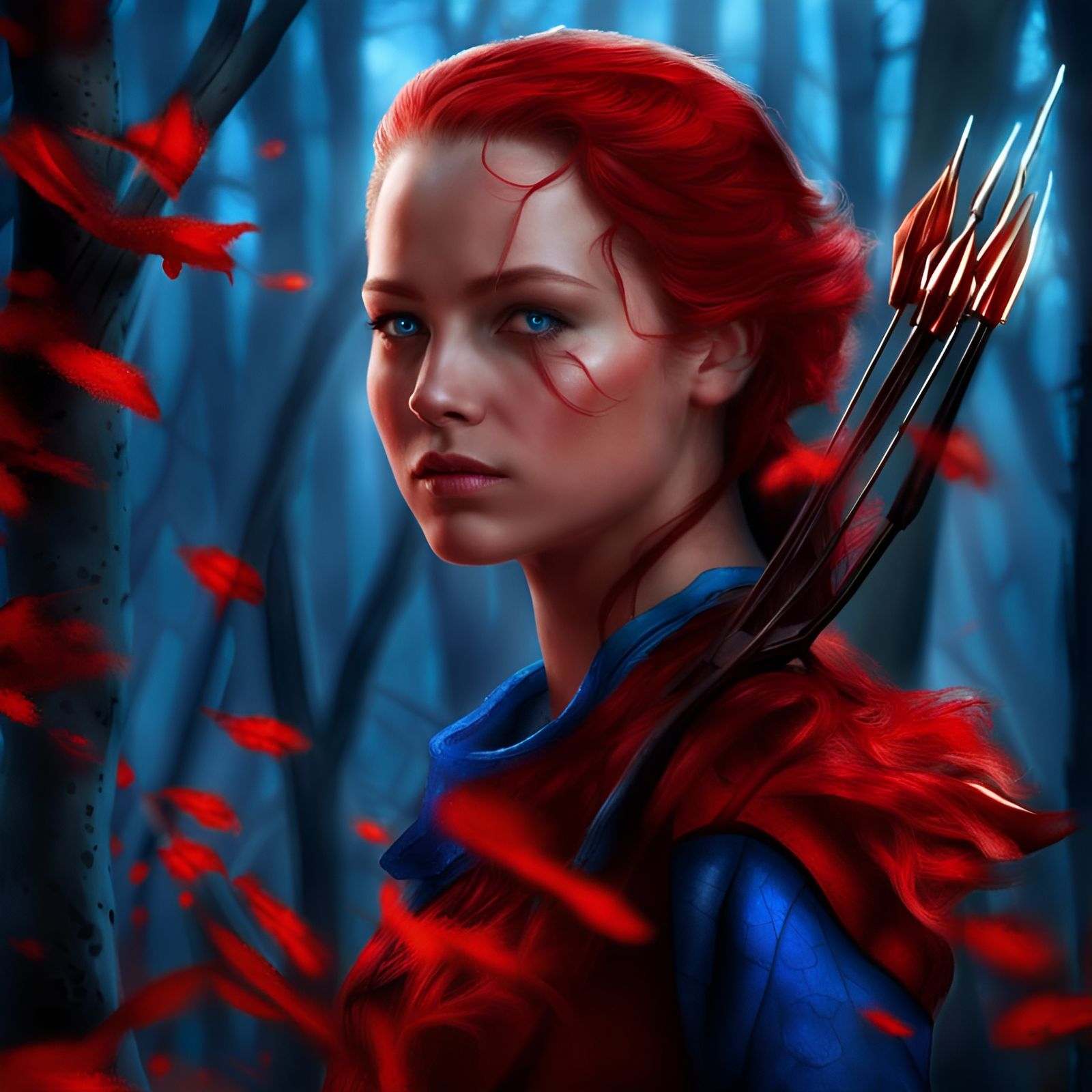 Daring Huntress with Blue Flame Eyes, Armed with a Blue Bow,...