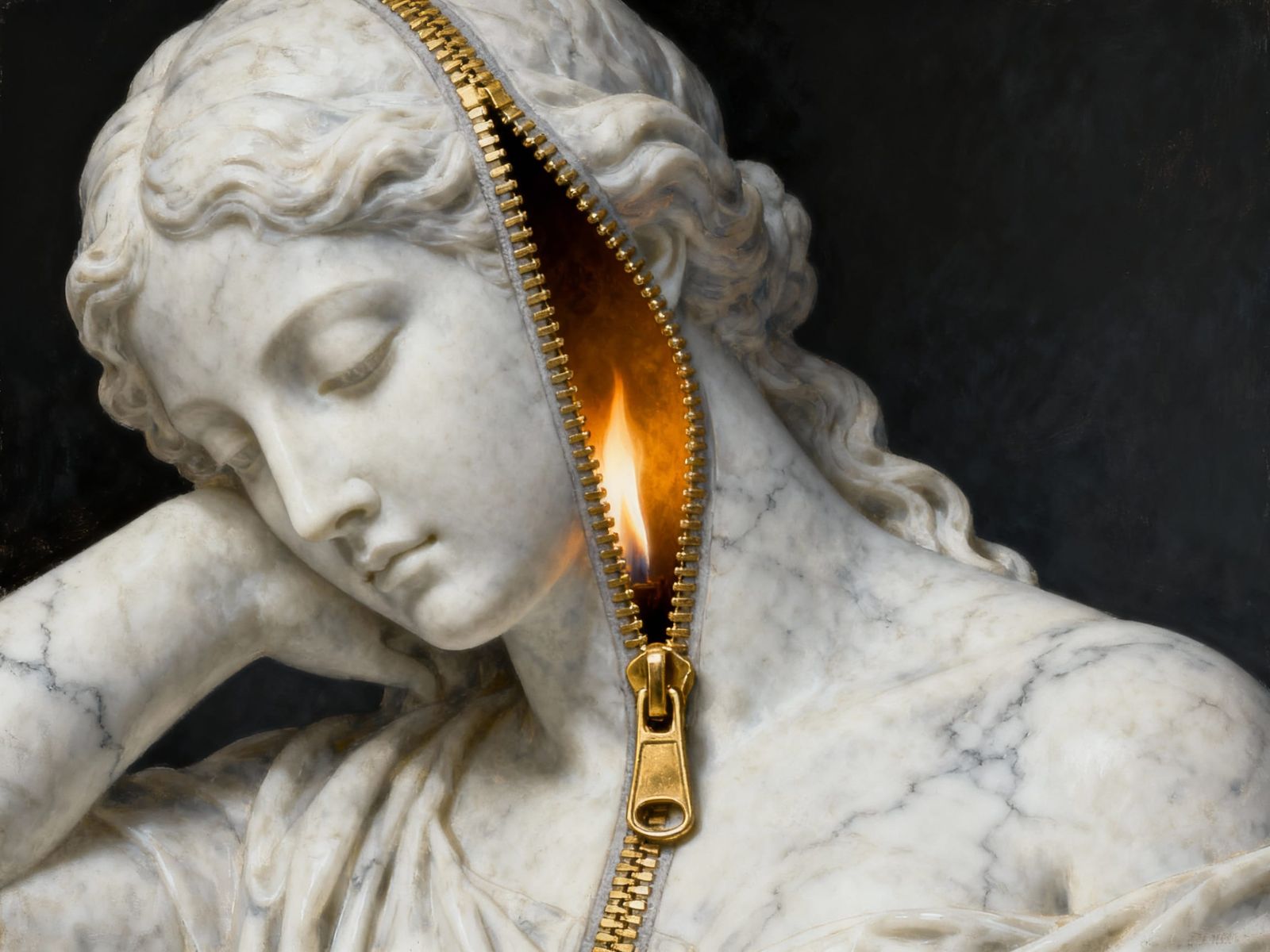 Alabaster Statue with Inner Amber Flame, Surrealist Style