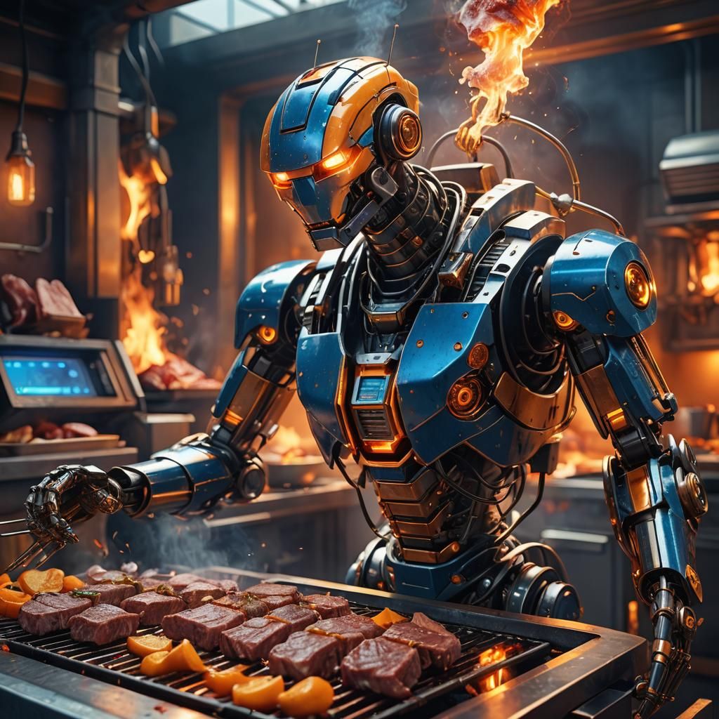 Cyberpunk Robot Grills Meat on Neon Electric Grill