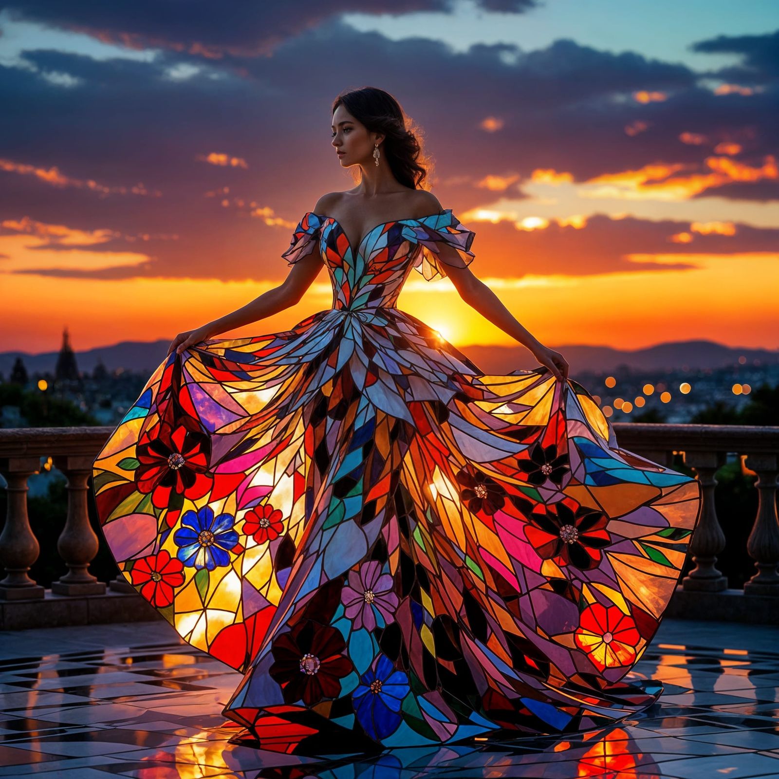 Elegant Lady in Shimmering Stained Glass Gown at Twilight