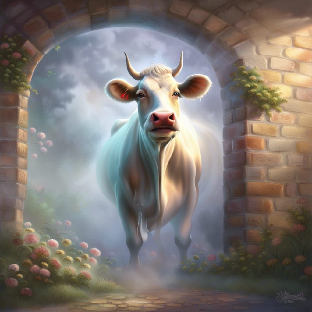 Smiling Cow Bursting Through Wall in 3D Style