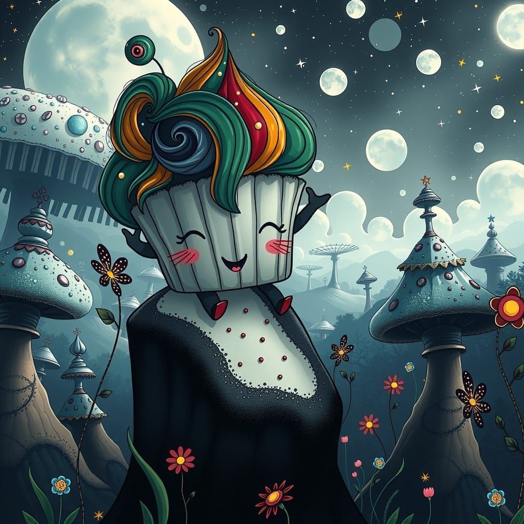 A happy little cupcake with a blushing face and sparkling sprinkles sits atop a giant mushroom in a magical forest. The ...