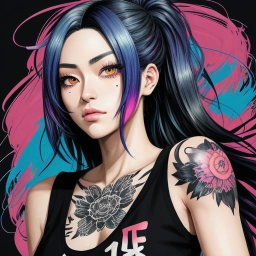 Anime Woman in Bold Lines and Bright Colors, Intricate Tatto...