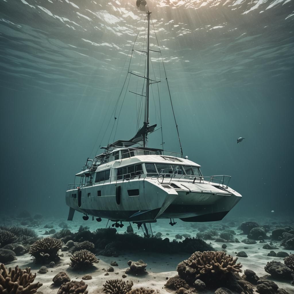 Epic Underwater Film Still of a Sunken Catamaran