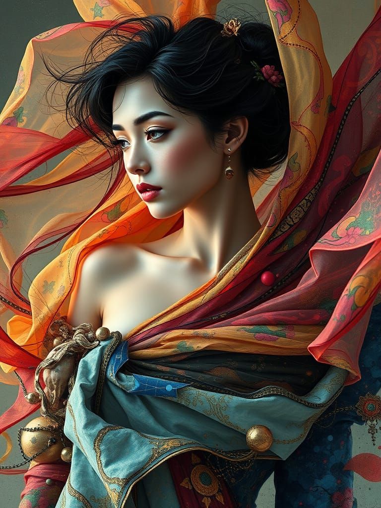 Surreal Woman in Dreamlike State with Intricate Textiles