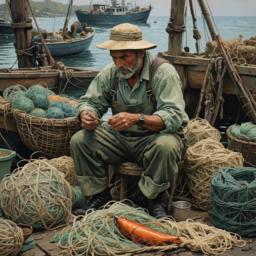 soft impasto, pastel colors, fisherman mending his nets, by greg rutkowski, by jeremy mann, by francoise n