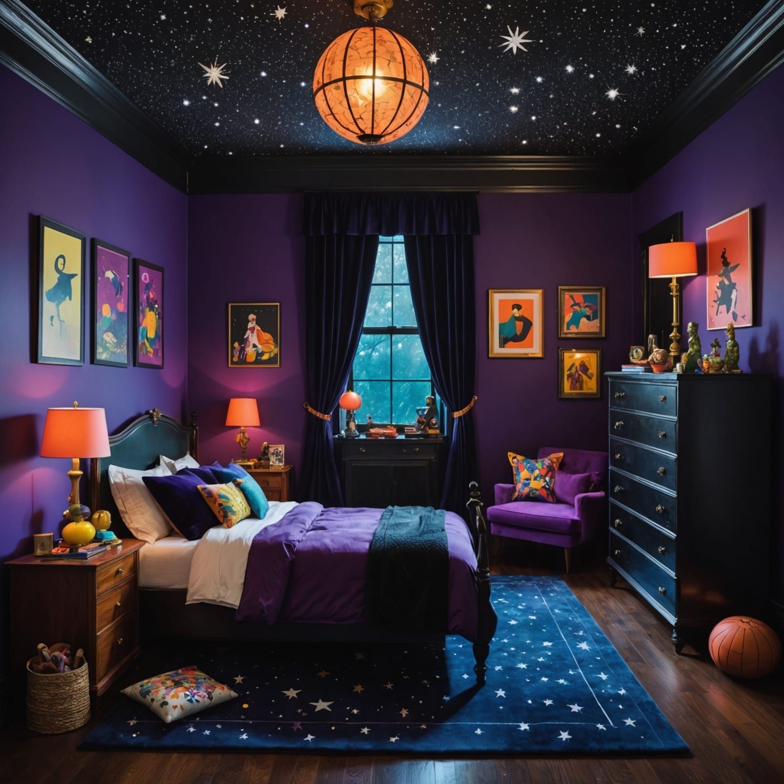 Surreal Bedroom Scene in Moody Art Deco Style