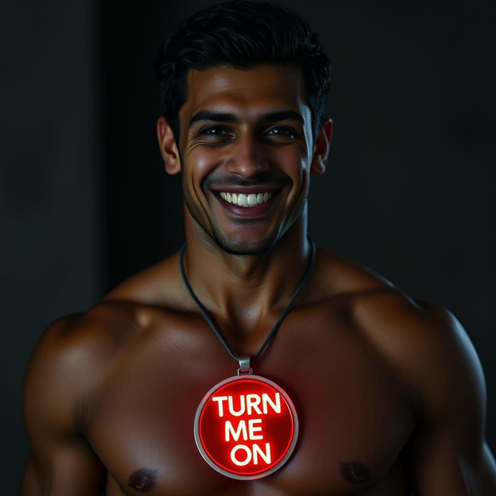 Three-quarter-length shot of a smiling dark Italian beefcake, shirtless, wearing a glowing red medallion that reads "TUR...