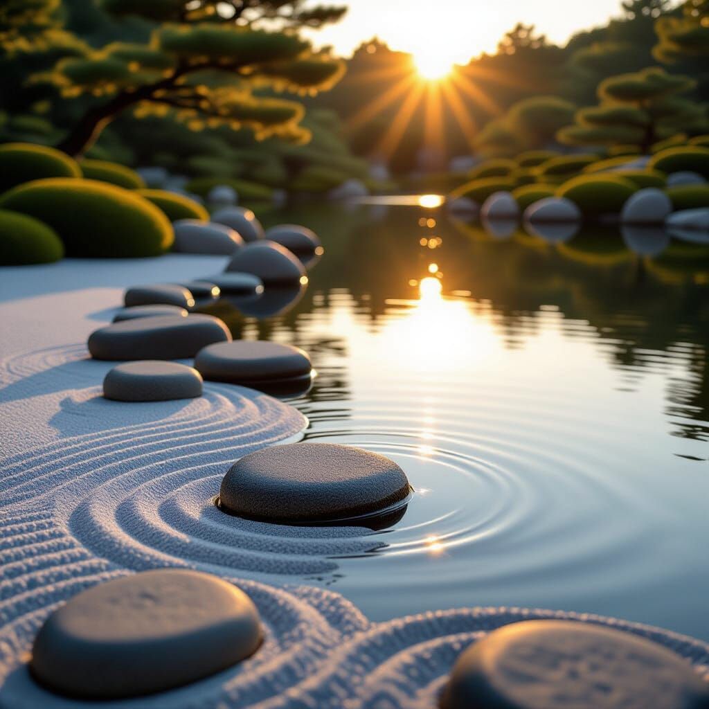 Tranquil Zen Garden by Lake at Golden Hour
