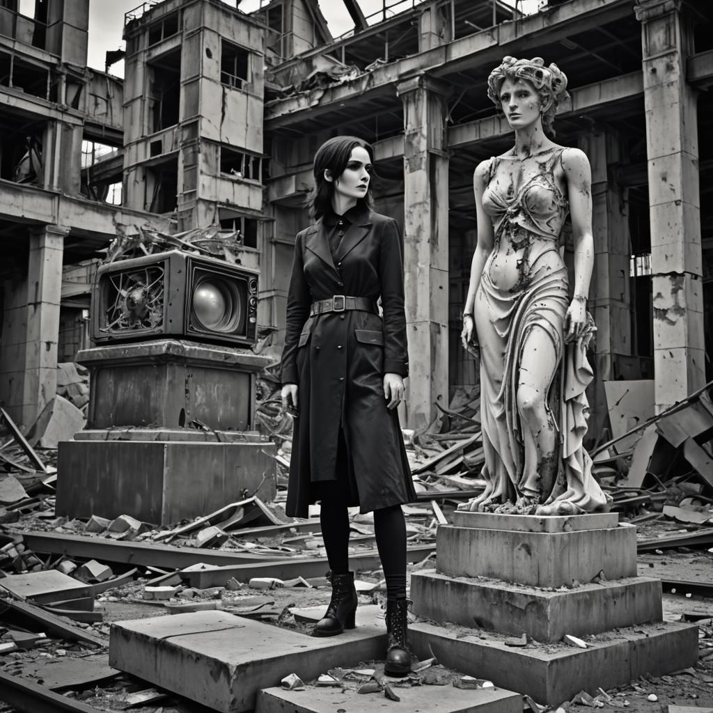 Goth Fashion Model Amidst Ruins in Moody Hyperrealistic Phot...