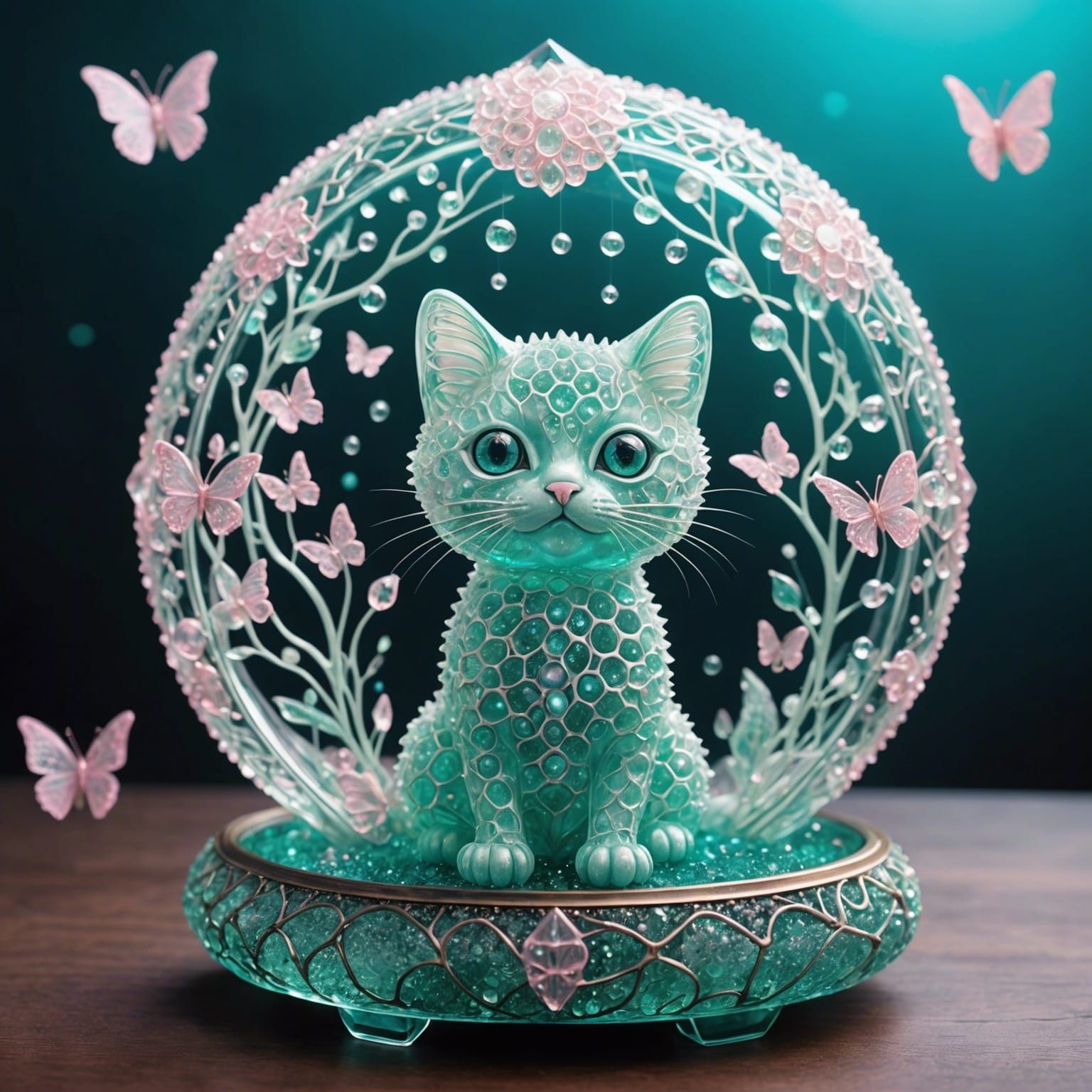 Crystal Glass Sculpture of Radiolarian-Inspired Cat with Bio...