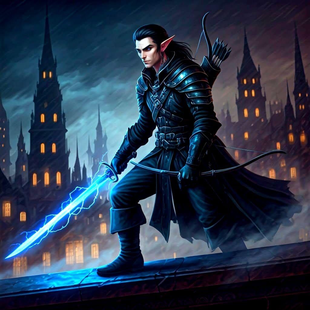 Epic Dark Elf Rogue in Swashbuckler Gear, Fantasy City Rooft...