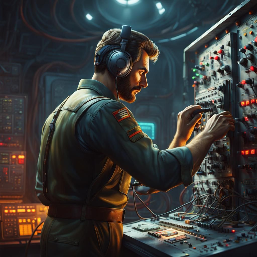 Scifi engineer performing a task