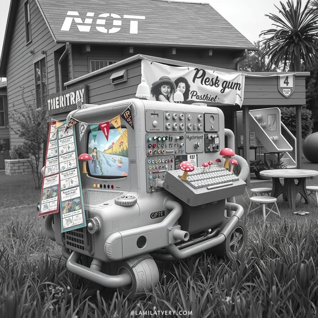 Futuristic Computer in Forest with Chewing Gum Building