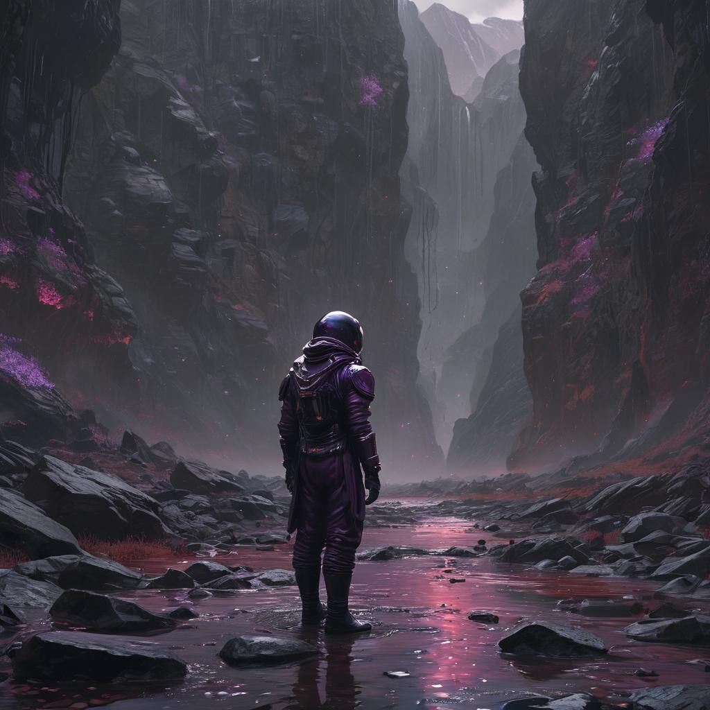 Ethereal Astronaut in a Blood-Soaked Black Valley