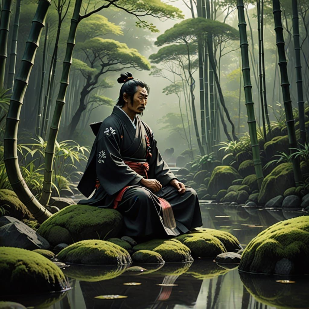 Samurai Meditating by Stream in Sumi-e Style