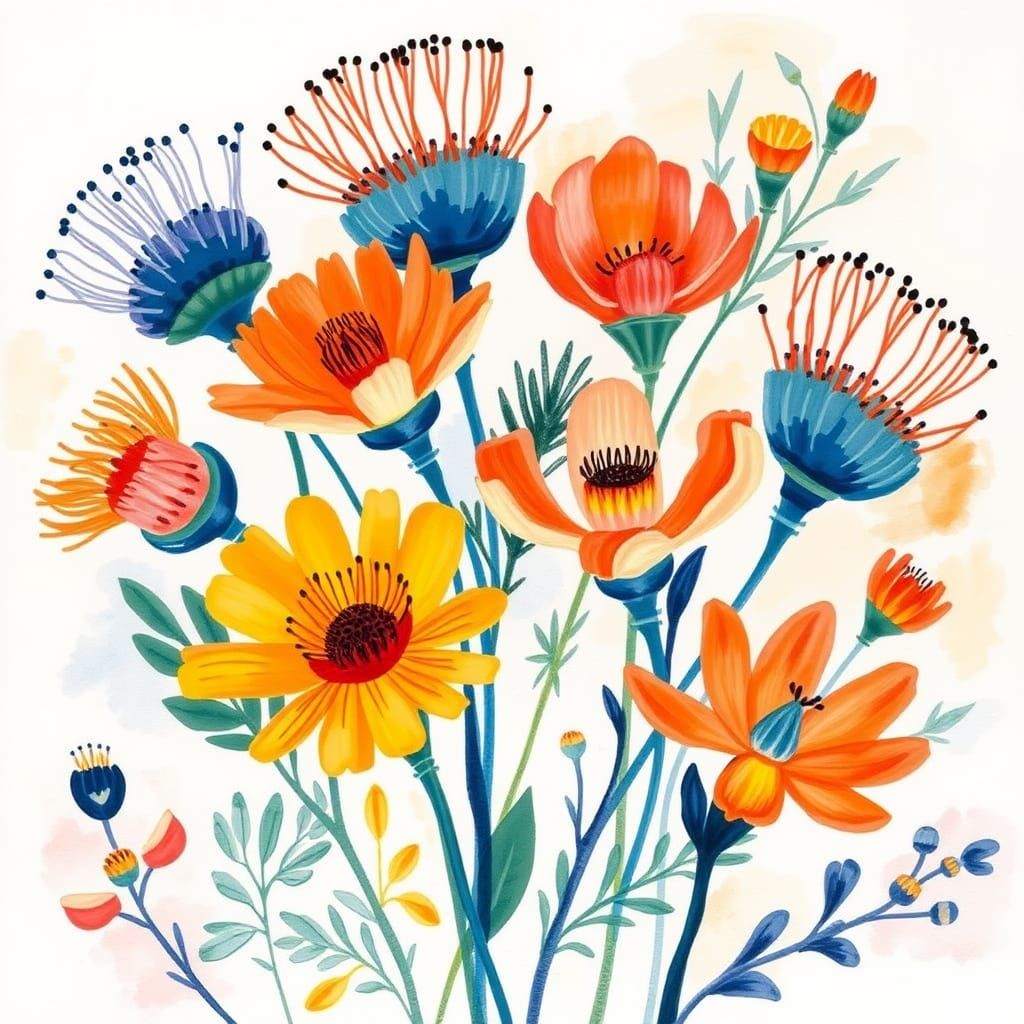 Australian Native Flowers in Whimsical Watercolour Style