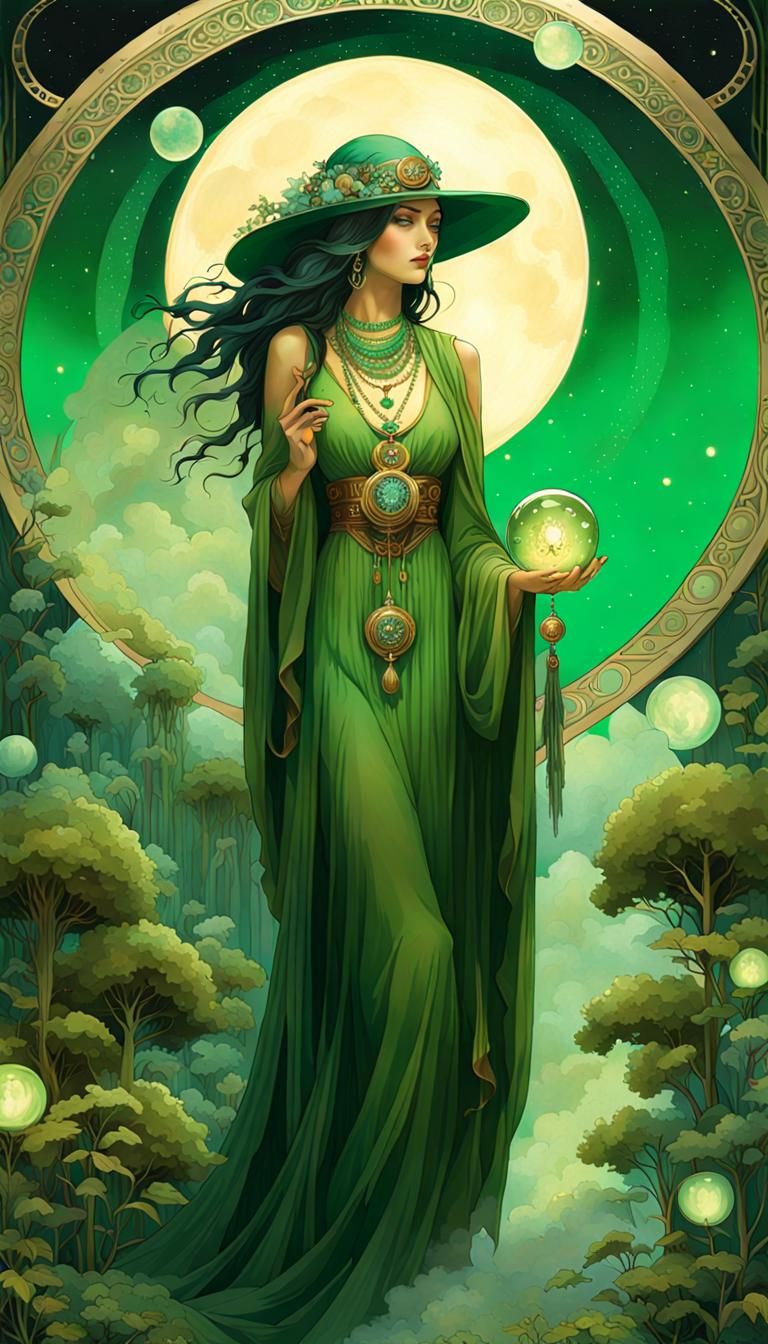 Surreal Green Witch in Atmospheric Maximalist Cosmic Portrai...