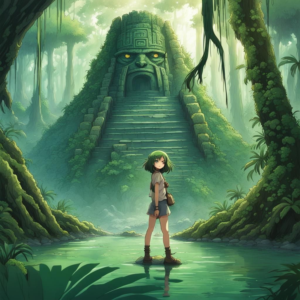 Mayan temple in the jungle with girl posing