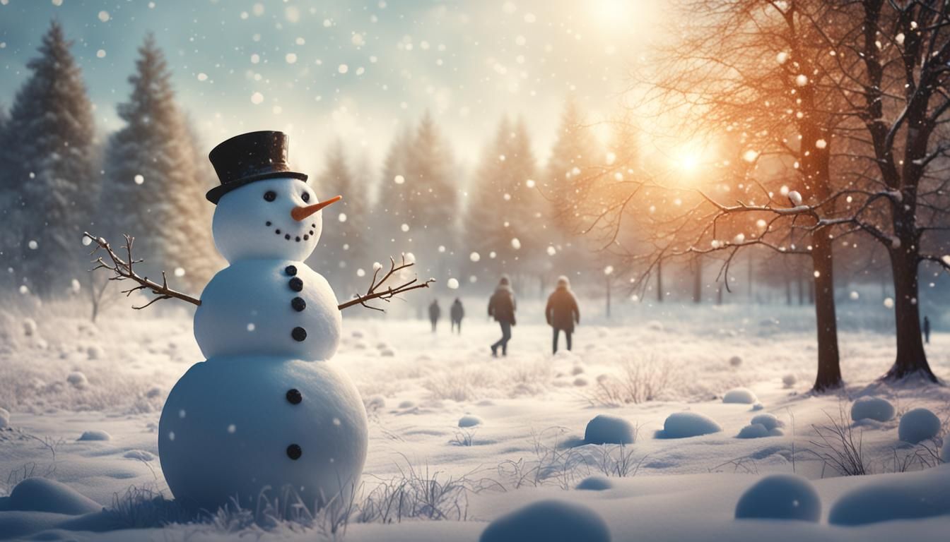 Winter Wonderland Scene with Snowman and Snowball Throwing P...