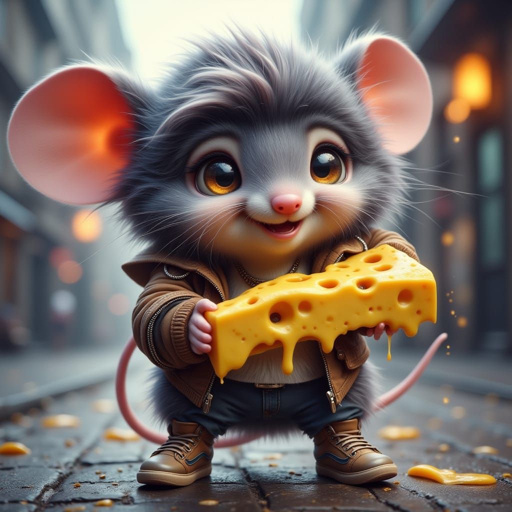 Cute Mouse with Cheese in Neon Urban Setting