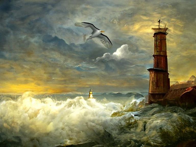 Oregon Lighthouse in Stormy Sea: Oil Painting