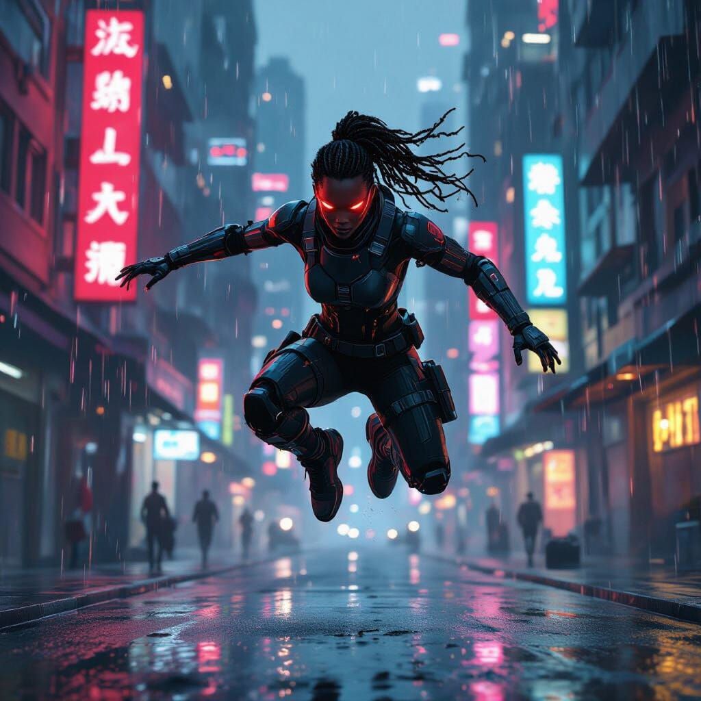 Cyborg Ninja Leaps Across Cyberpunk City in Digital Painting