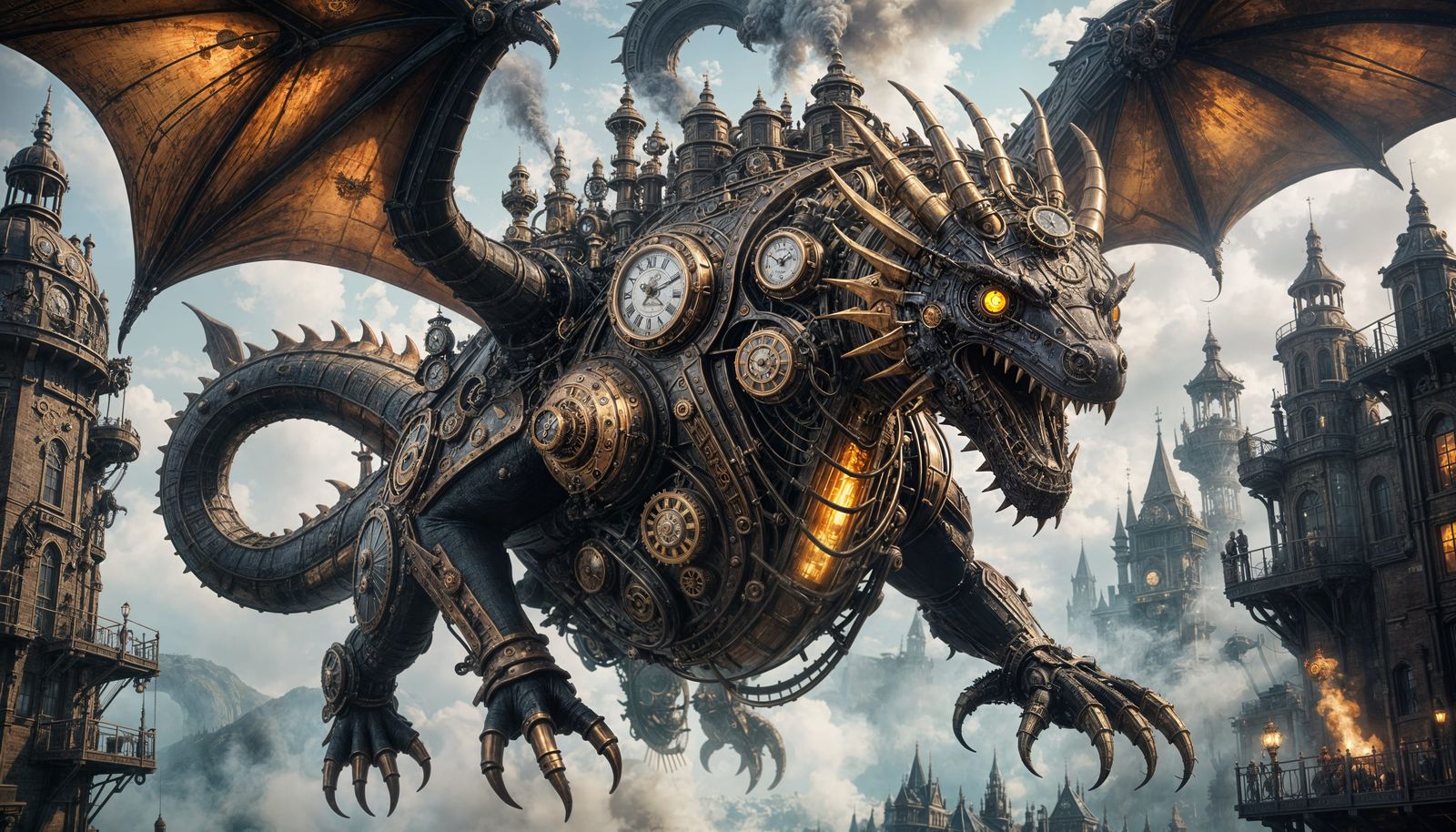 Steampunk Dragon Soaring Overhead in Hyperrealistic Detail