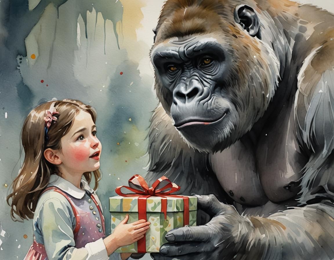 Whimsical Girl Gifts a Treasure to a Gentle Grey Gorilla in....