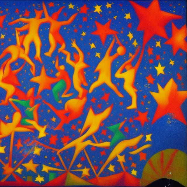 Big top circus clown group juggling colorful stars painted by Georges Seurat split-complementary colors cool colors colo...