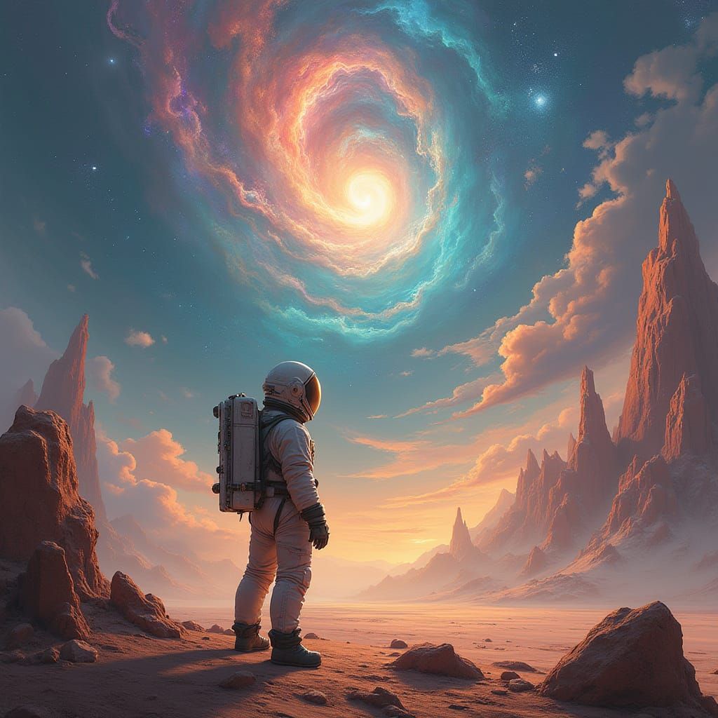 Astronaut on Barren Planet Gazing at Nebula