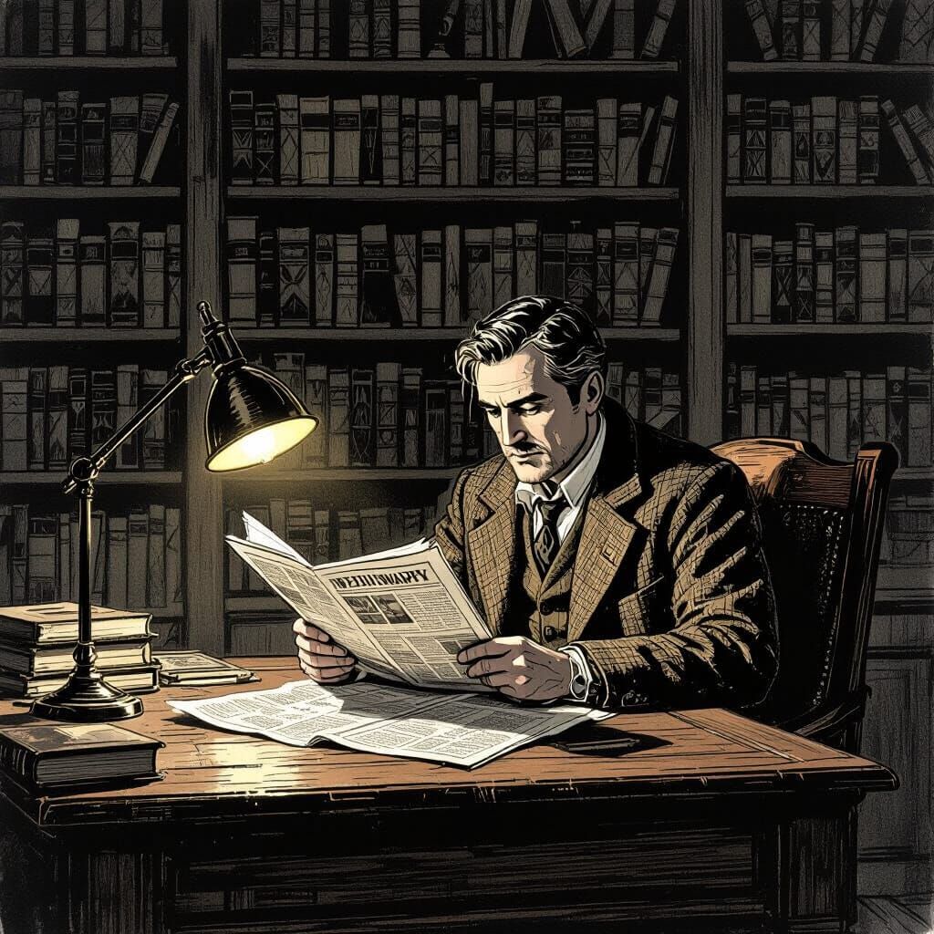 Man Reads Newspaper in Dimly Lit Study