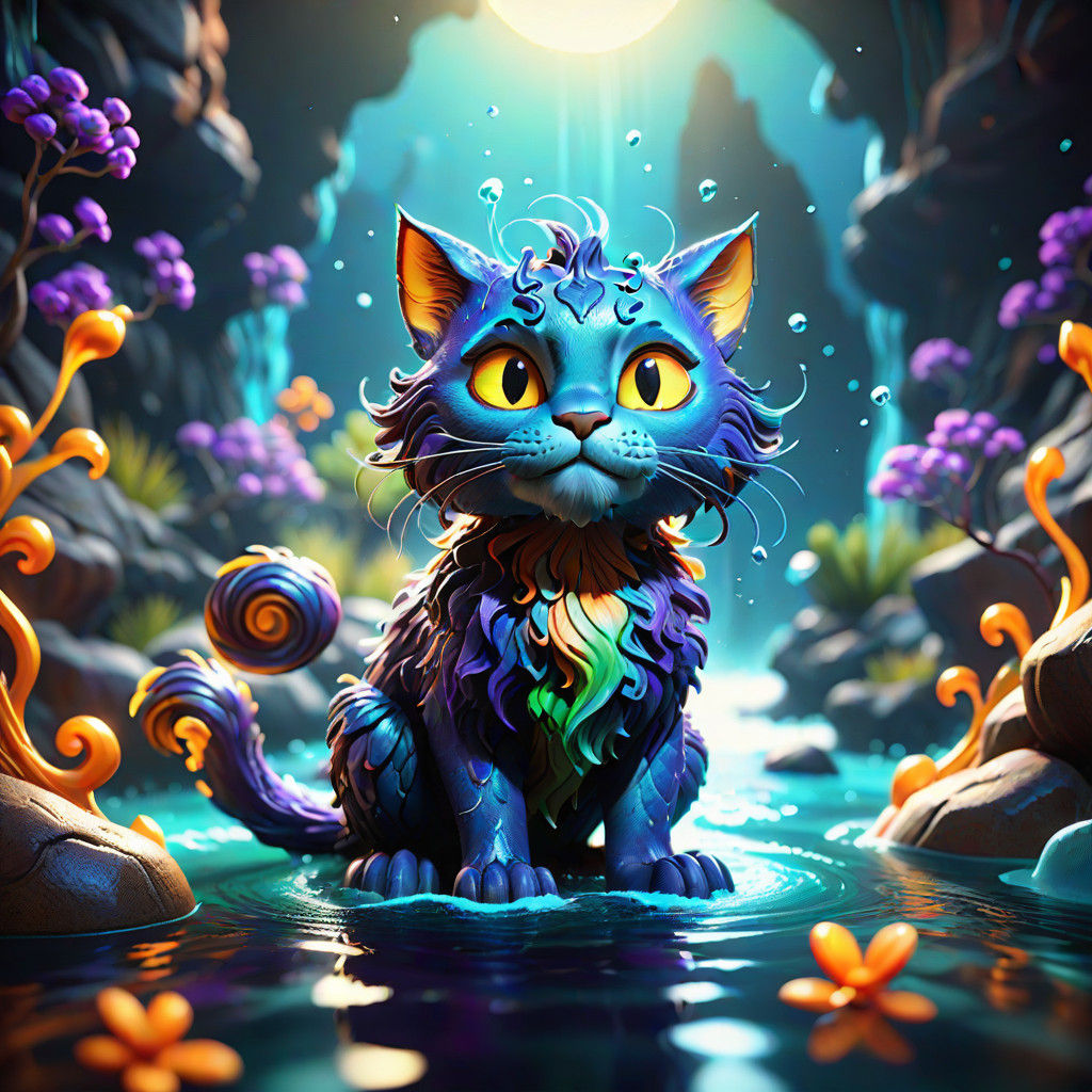 Water Elemental Cat in Vibrant, Iridescent Splendor