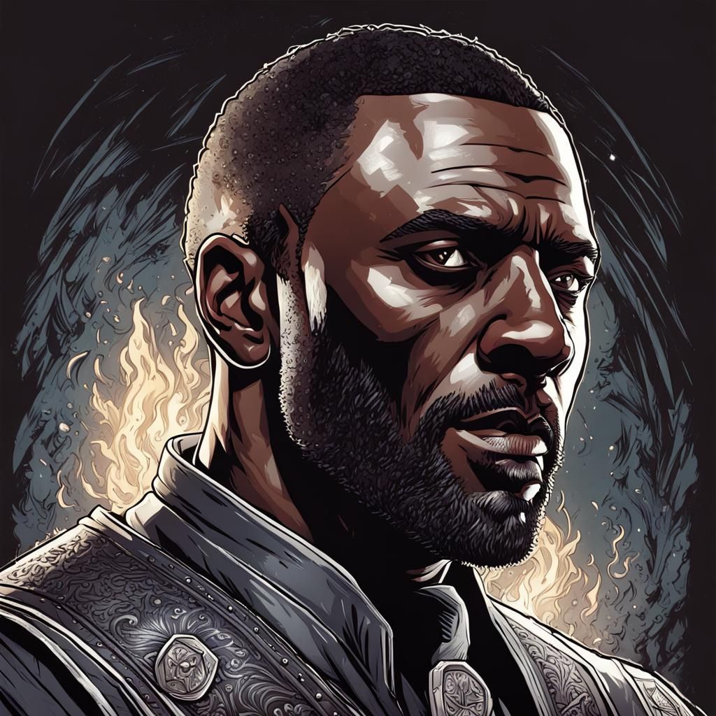 Idris Elba as a Sword-Wielding Witcher in Comic Book Style