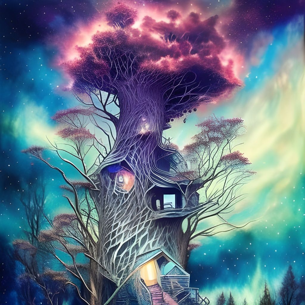 Vibrant Nebula Treehouse in Hyperdetailed Fluid Gouache Styl...