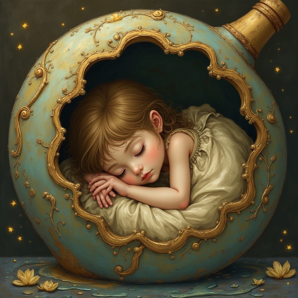 Whimsical Girl Slumbers in Wine Bottle