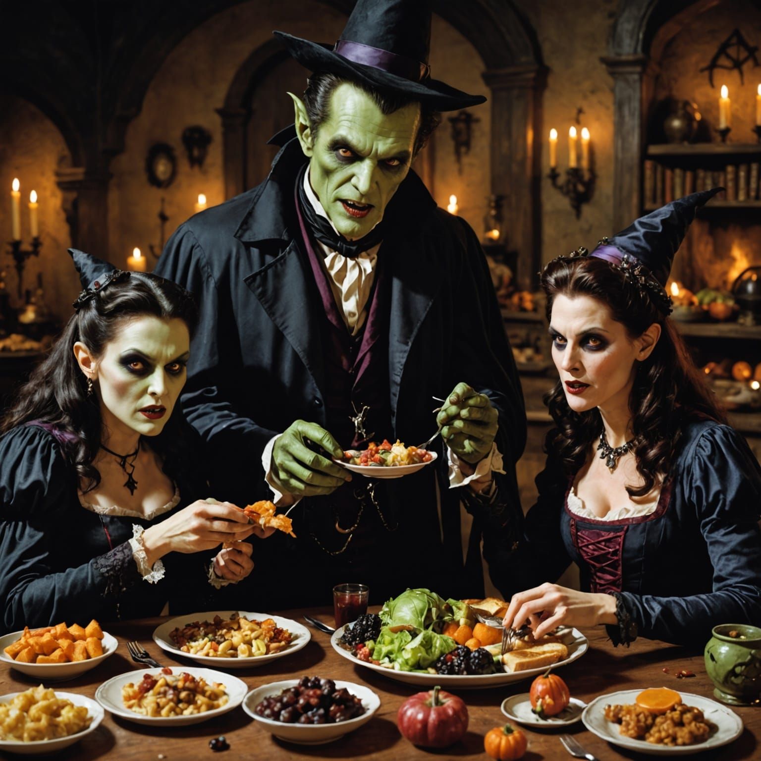 Vampire, Witch, and Frankenstein Share a Meal