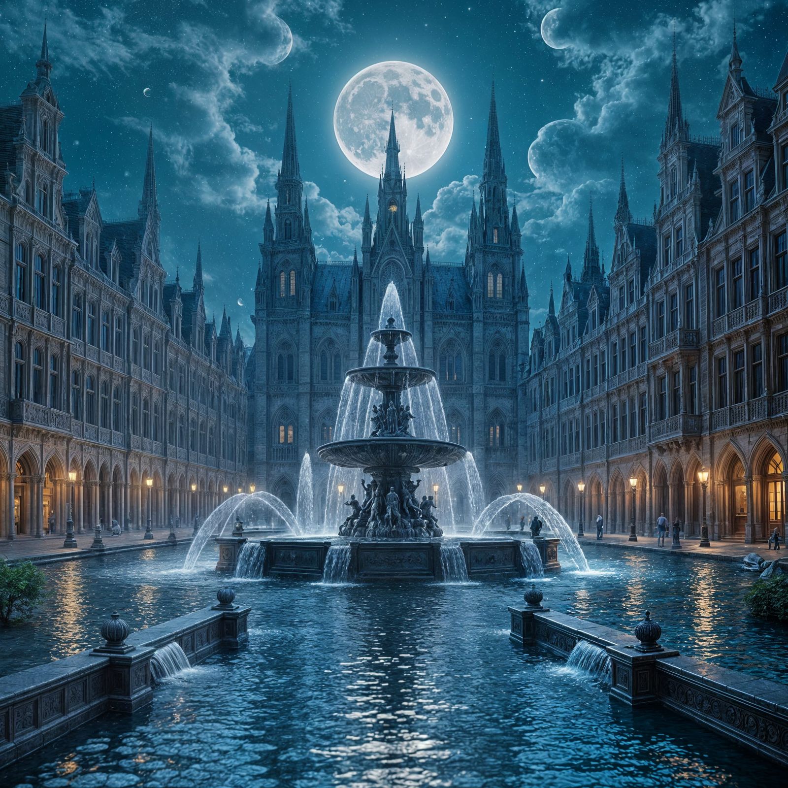 Gothic Fountain Under Starry Moonlit Sky