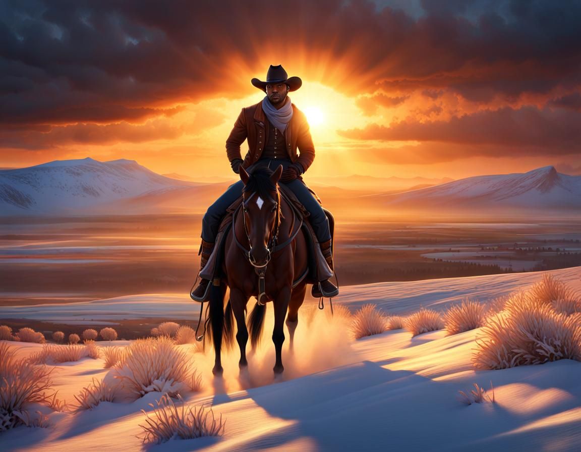 Surreal African American Cowboy Rides into Sunset on Snowy P...