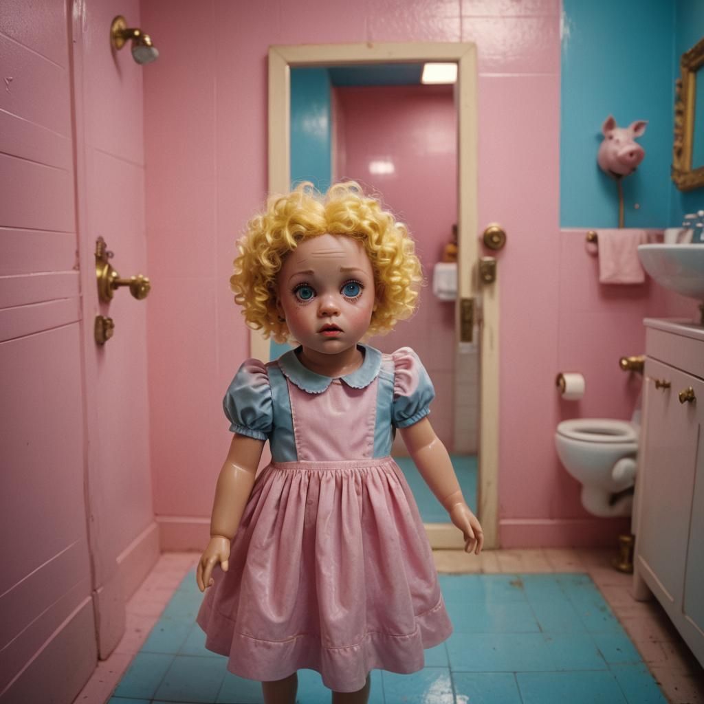 Cinematic Baby Doll in Pink Bathroom, Yellow Hair, and Blue....