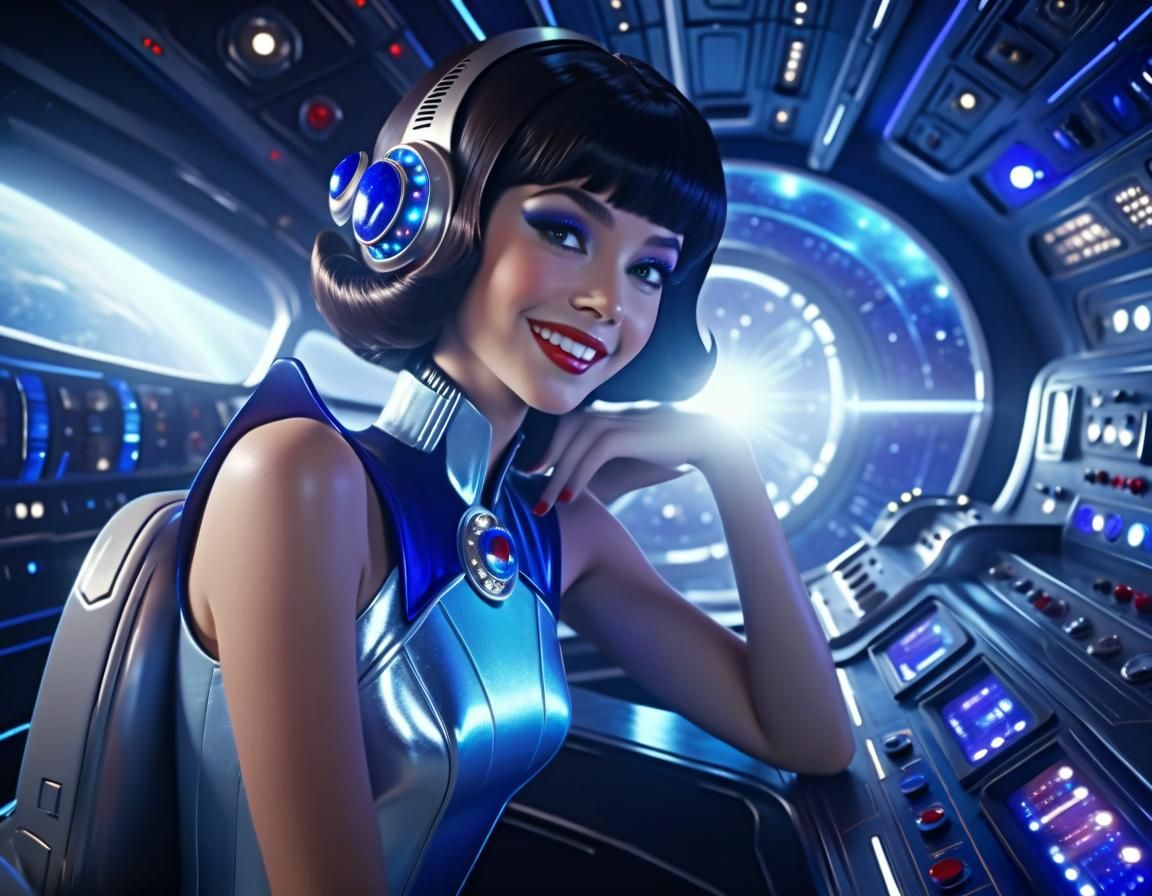 Retro Futuristic Space Princess Navigates the Control Panel