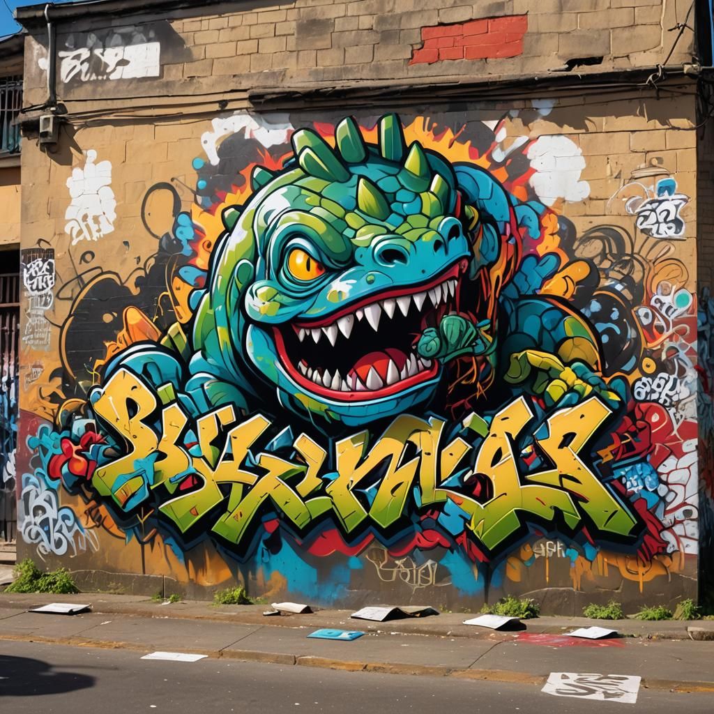 Graffiti Art of Bobzilla in High Contrast, Colorful Chaos