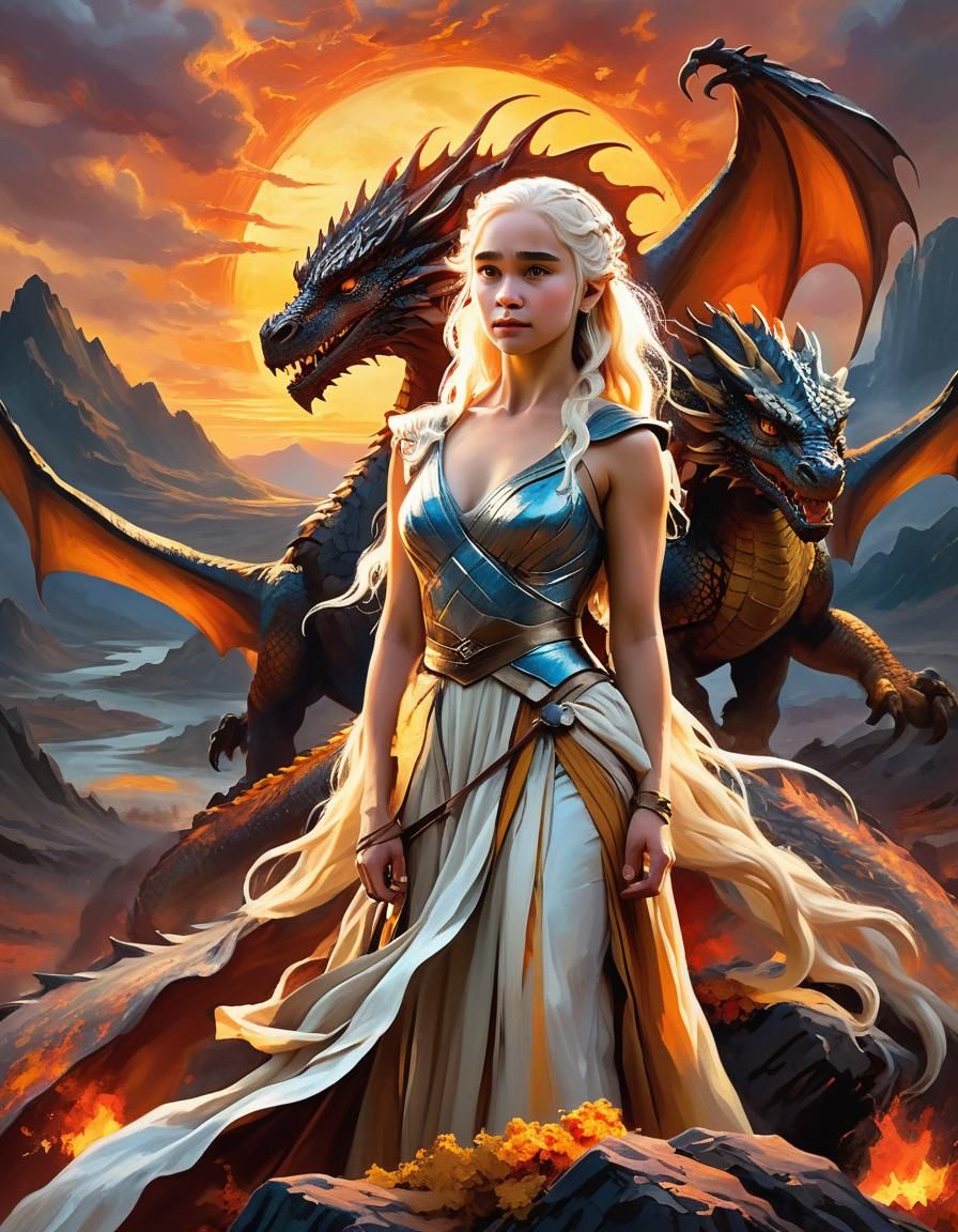 Regal Fantasy Oil Painting of Daenerys Targaryen with Dragon...