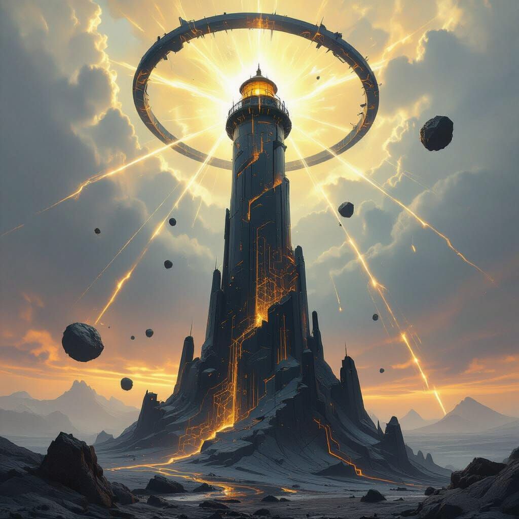Futuristic Obsidian Lighthouse with Levitating Rocks